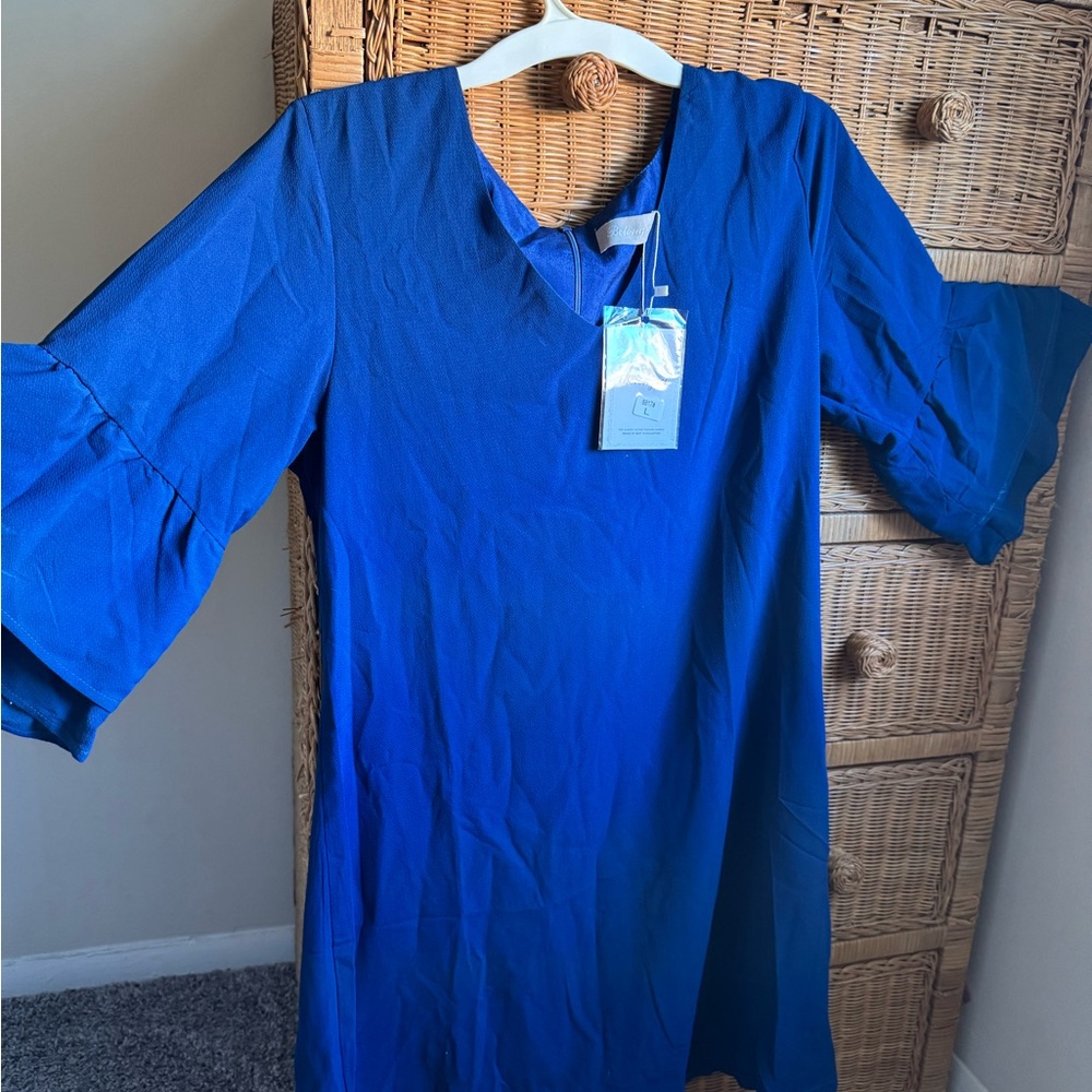 Blue V-Neck Dress with Flared Sleeves